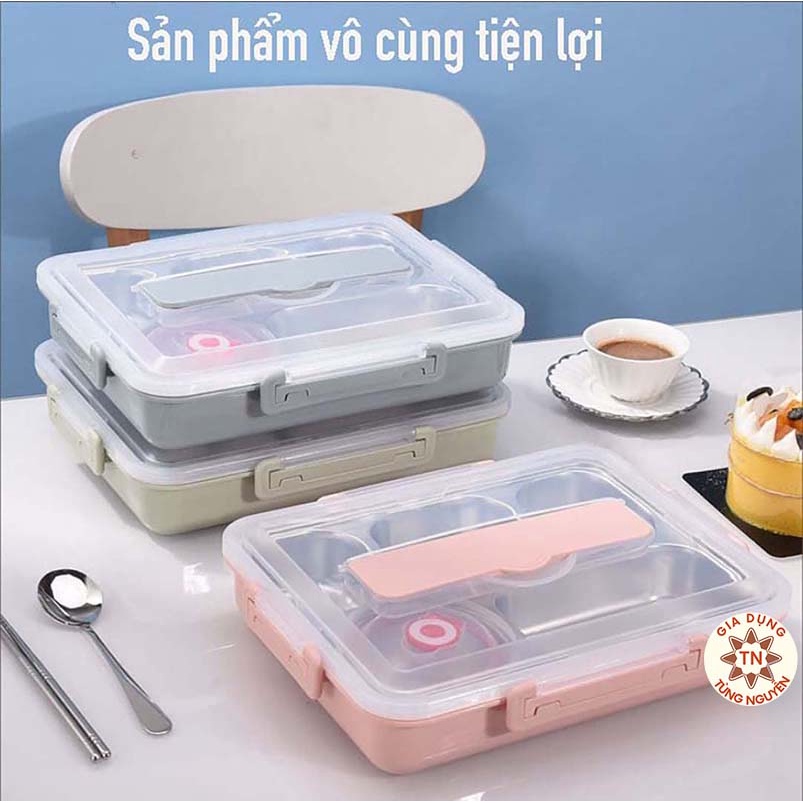 Cà men đựng cơm giữ nhiệt dạng khay với 5 ngăn riêng biệt chất liệu inox 304 cao cấp - Bộ dụng cụ ăn trưa văn phòng thông minh kiêm giá đỡ điện thoại