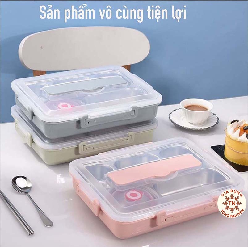 Khay cơm 5 ngăn inox cao cấp đựng cơm và thức ăn cho học sinh, sinh viên, dân văn phòng kèm thìa đũa inox - Cà men, hộp đựng thực phẩm nhiều ngăn có nắp