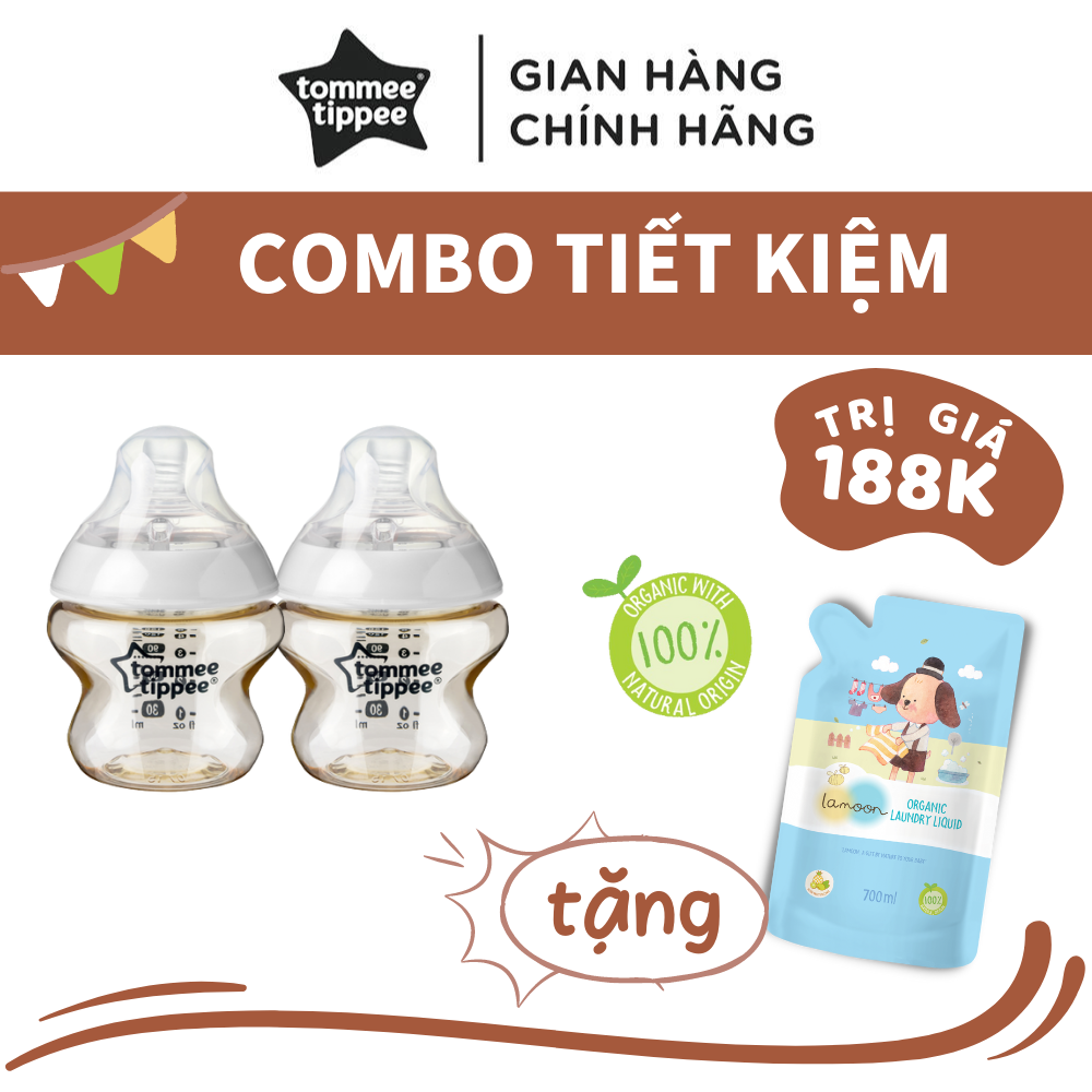 COMBO 2 Bình Sữa Tommee Tippee PPSU Ty Siêu Mềm Tự Nhiên 150ml TẶNG 1 Túi Nước giặt đồ sơ sinh Organic Lamoon 700ml