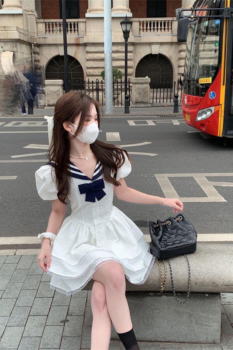 SHUANGYAN Hải quân cổ Ultra Fairy Bouffant váy cho phụ nữ mùa hè ren ren nhỏ bong bóng tay áo thắt lưng đầm cao eo