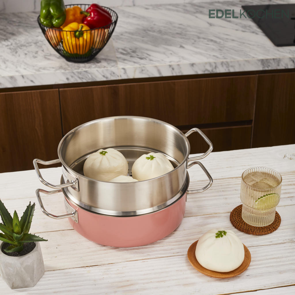 Nồi hấp Edelkochen Solid Hồng 3 lớp 24cm + Xửng hấp Edelkochen Solid 3 lớp 24cm (Bộ)