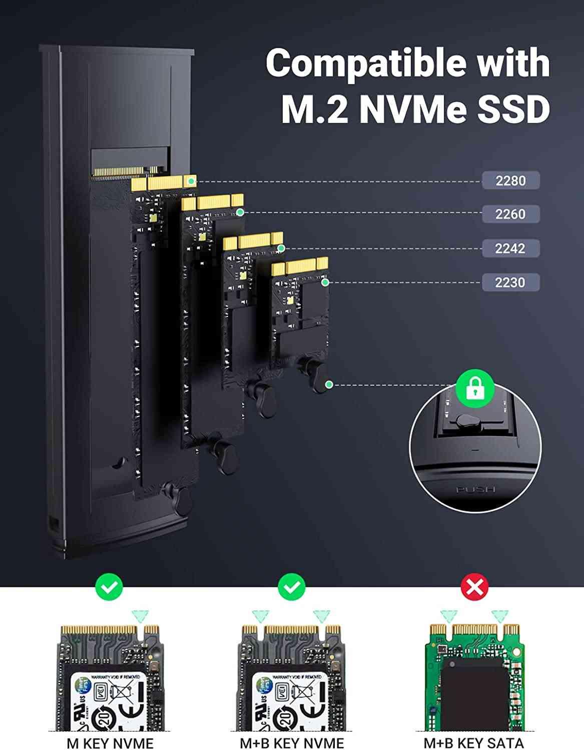 Ugreen UG90541CM578TK M.2 NVME 10Gbps Hộp đựng ổ cứng SSD chuẩn M.2 NVME kèm cáp USB-A to USB-C + USB-C to USB-C Gen 2 có chống sốc - HÀNG CHÍNH HÃNG