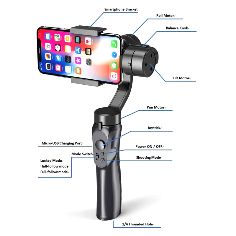 Gimbal chống rung cho điện thoại thông minh sử dụng hệ điều hành Android và IOS, 3 trục, xoay 360°, nhào lộn tùy thích, trợ lý chụp ảnh quay phim lý tưởng F6