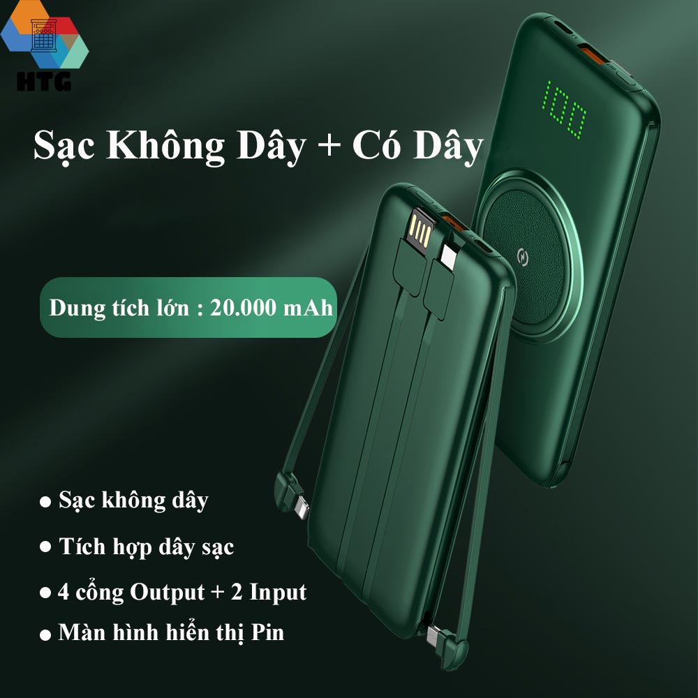 Pin Sạc Dự Phòng CYKE P1 Plus 20.000 mAh hỗ trợ sạc nhanh QC 2.0A, tích hợp dây sạc cùng sạc không dây, 4 cổng output, 2 cổng input, hàng chính hãng