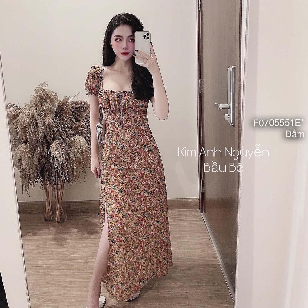 Đầm maxi hoa nhí xẻ tà bẹt vai tay bầu!