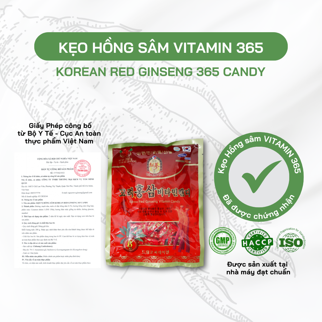 Kẹo Hồng Sâm Vitamin Hàn Quốc 365 - Korean Red Ginseng Candy 365- 200g