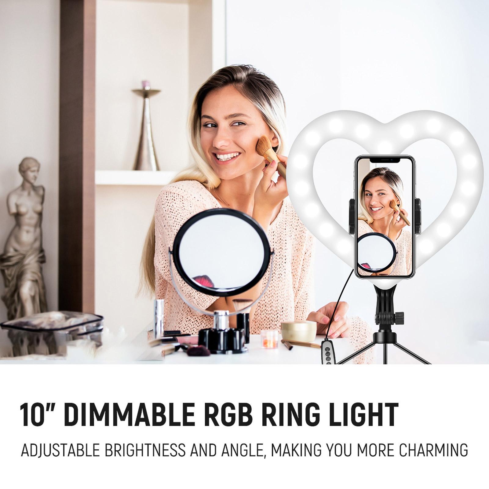 10 Inch RGB Video Light Heart-Shaped LED Fill Light Dimmable USB Powered with Phone Holder Desktop Stretch Light Stand