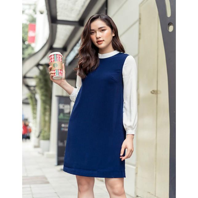 Đầm công sở xanh pha tay bồng trắng - DCS220