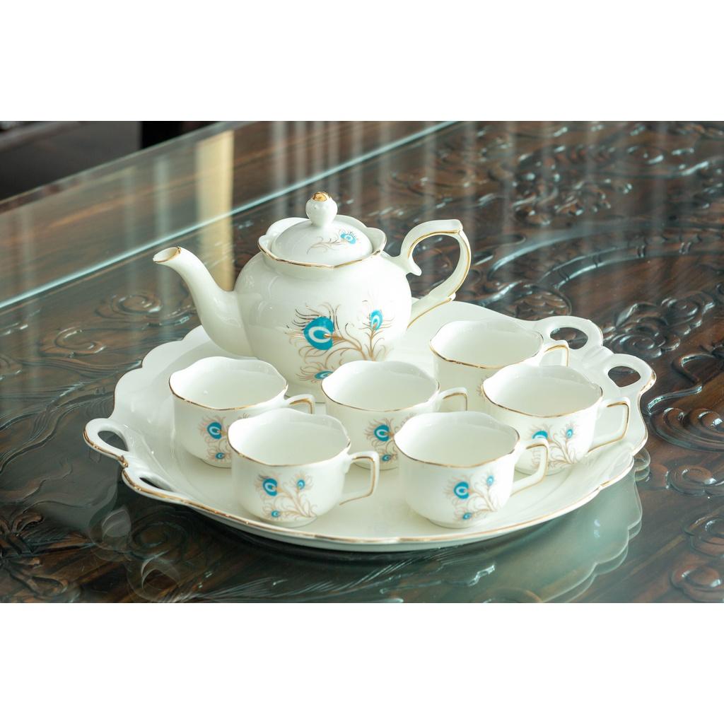 ( TẶNG KHAY VÀ ĐĨA LÓT)Bộ ấm chén gốm sứ cao cấp Camellia họa tiết nổi kiểu dáng cổ điển lịch lãm