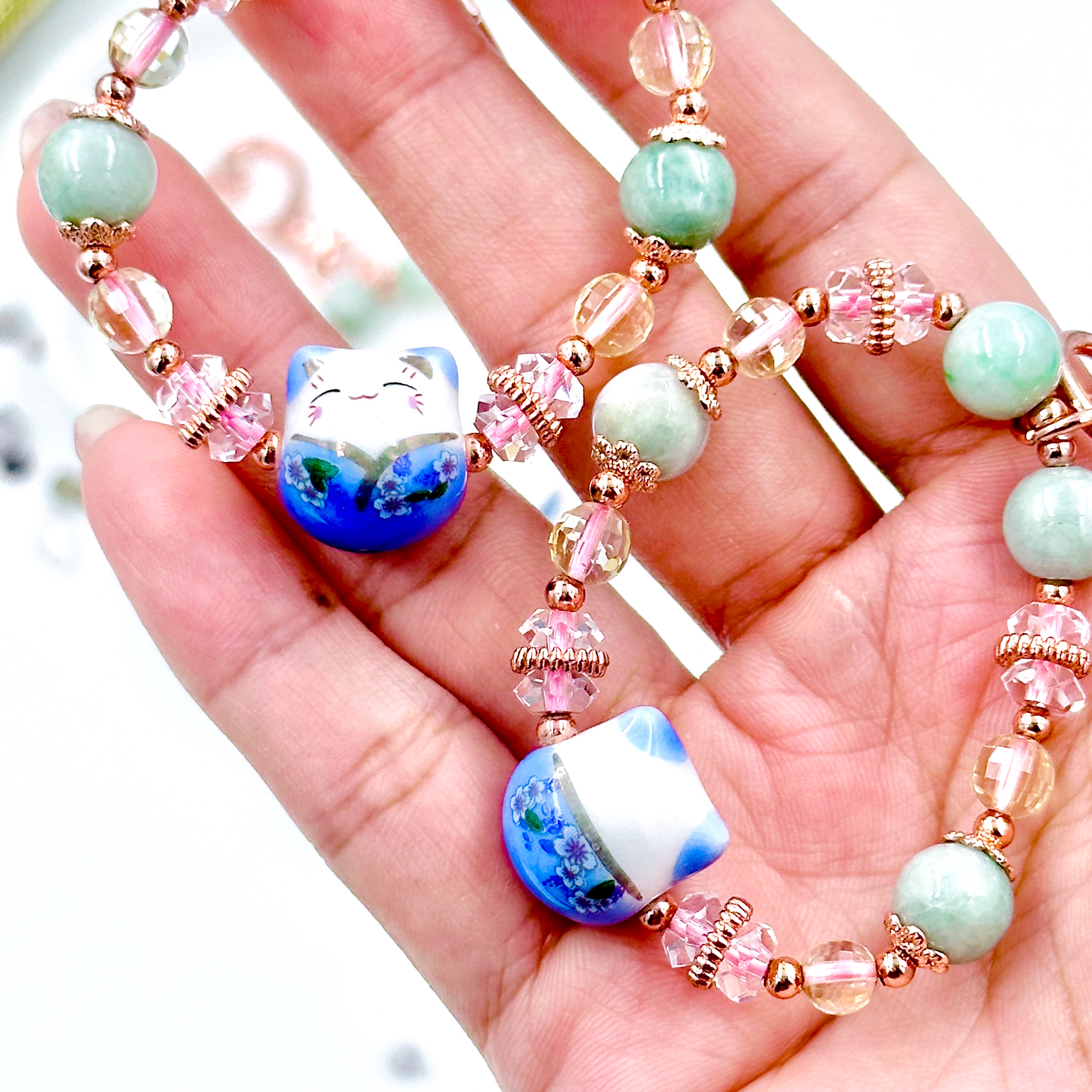 CRZ Bag Charm - Phụ Kiện - Blue Porcelain Cat With Jadeite - Móc Khóa Vòng Tay Đá Ngọc Thạch Kèm Charm Mèo Xanh Bằng Sứ