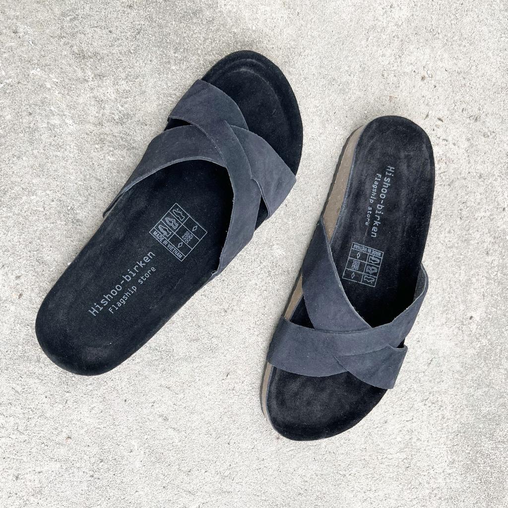 Dép đế trấu birken da bò nam nữ unisex quai ngang chéo bigsize 35 - 43 chính hãng Hishoo s111