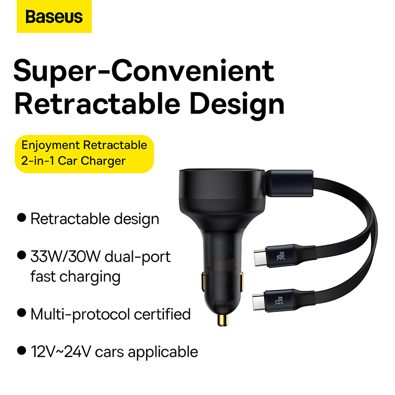 Tẩu Sạc Ô Tô Kèm Dây Baseus Enjoyment Retractable 2-in-1 Car Charger C+C 33W (Hàng chính hãng)