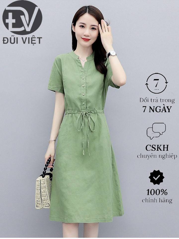 Hình ảnh Đầm suông linen tay ngắn tay cổ tàu, chất vải linen tự nhiên mềm mát, thời trang xuân hè Đũi Việt
