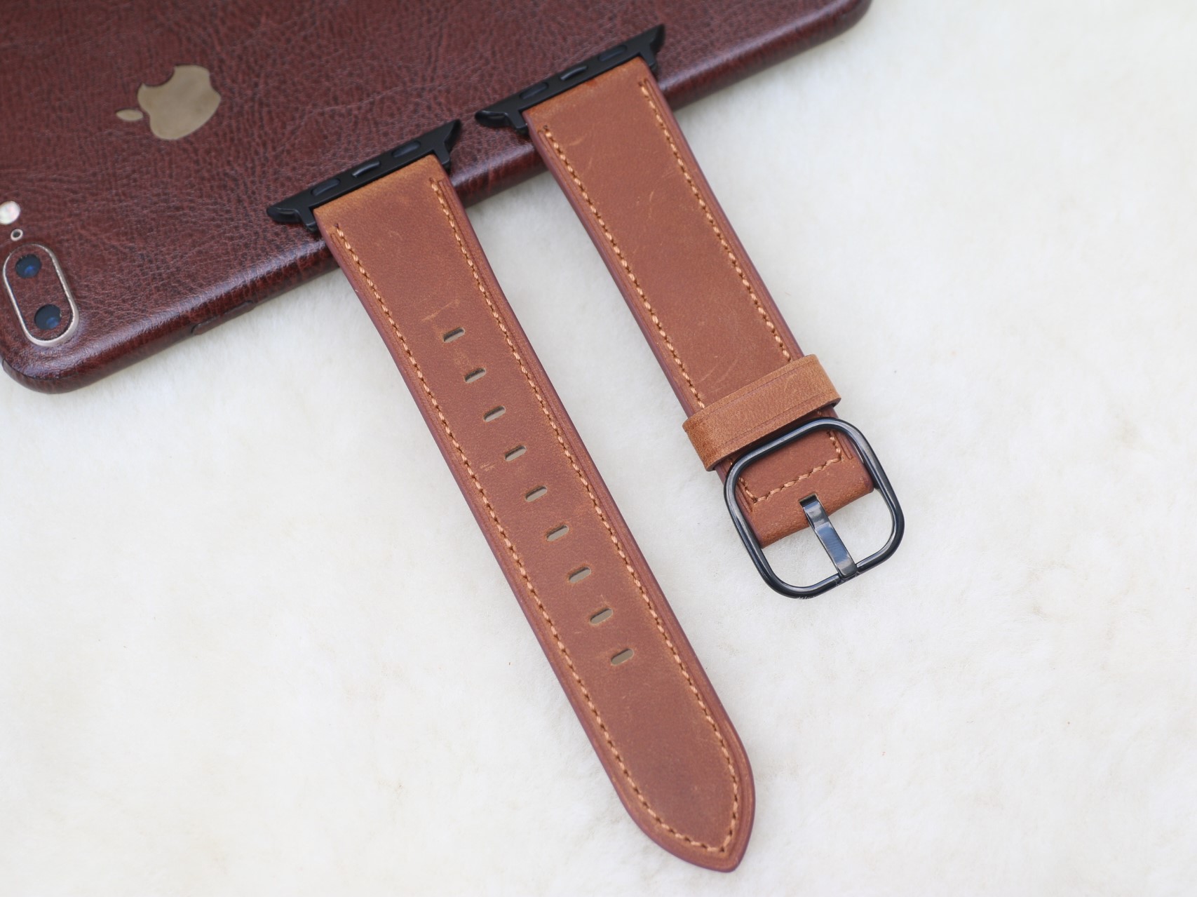 Dây Da Bò Cao Cấp chất da Mềm màu săc Nâu Ngựa, Nâu dành cho Apple Watch Size 38mm / 40mm / 42mm / 44mm