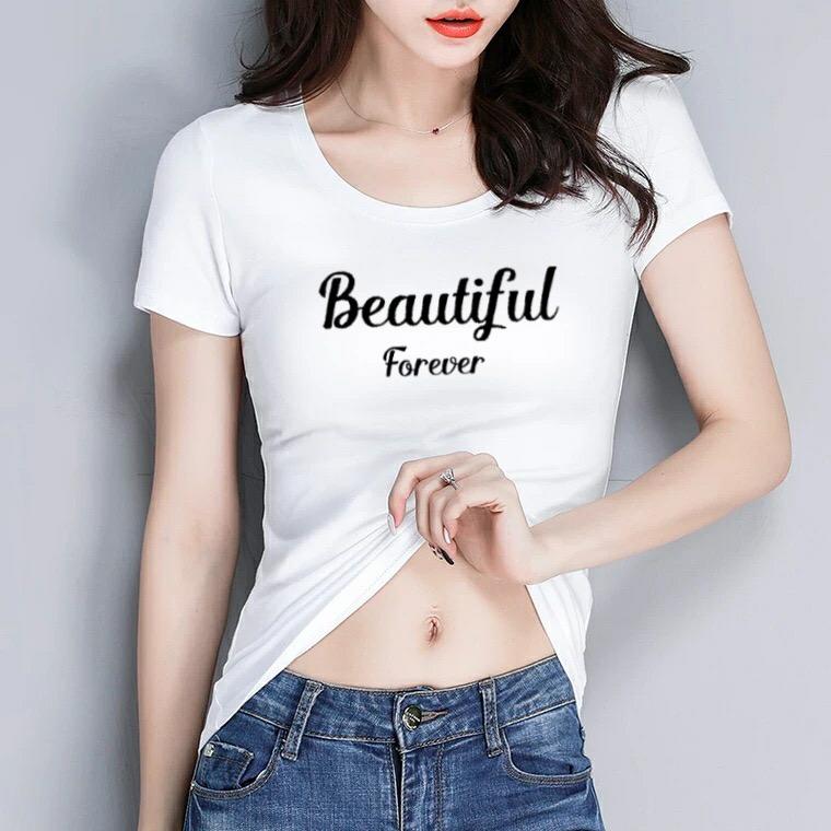 Áo thun nữ MXM cổ tròn form ôm body tôn dáng in chữ Beautiful mặc tôn dáng từ 40-52kg