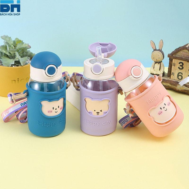 Tặng kèm Sticker 2D, 3D Xinh Xắn - Bình Nước 600ML Cho Bé Kèm Dây Đeo Tiện Lợi