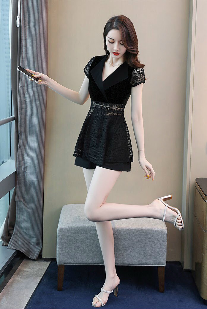 Set nguyên bộ áo phối ren quần short dây kéo 2 túi xinh xắn