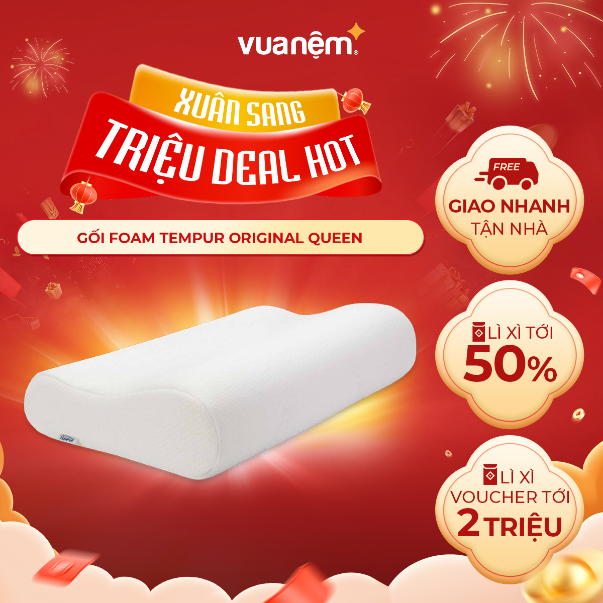 Gối Foam cao cấp Tempur Original Queen 31x61cm hỗ trợ cột sống, chống đau vai gáy, giảm ngáy hiệu quả - Công Nghệ Nasa