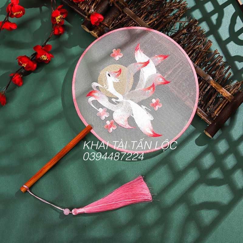 Quạt tròn cổ trang Tô Châu thêu hồ ly hoa đào 2 mặt
