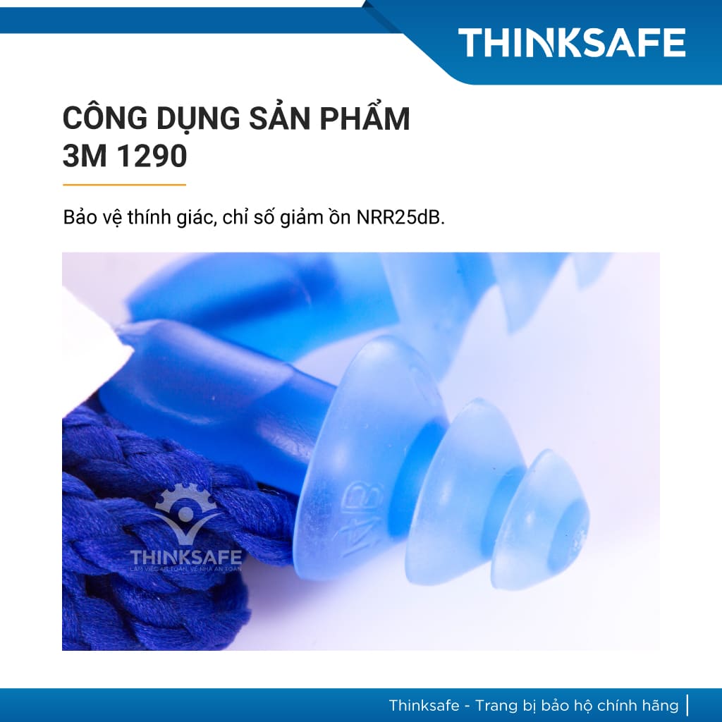 Nút tai chống ồn 3M 1290 có dây chất liệu Silicone, giảm ồn 25 dB - Thinksafe