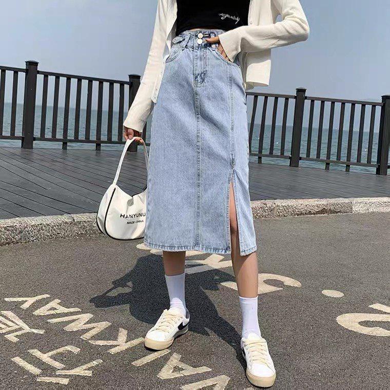 (Sẵn+ Ảnh Thật) Chân Váy Jeans Dài Cạp Cao Xẻ Gấu, Váy Jeans Chữ A DENIM cạp cao