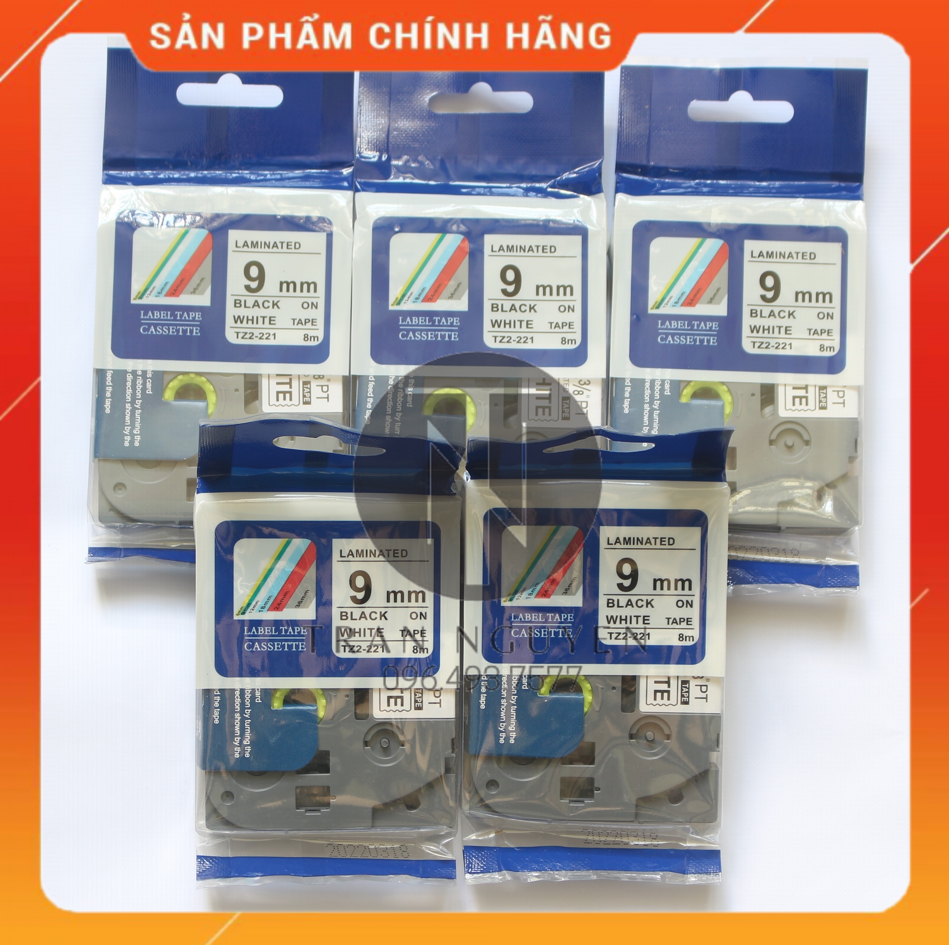 [ Combo 05 cuộn] Nhãn TZ2-221 tiêu chuẩn - Chữ đen trên nền trắng 9mm - Hàng nhập khẩu