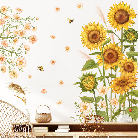 Decal trang trí tường - Bụi hoa hướng dương vàng óng ánh