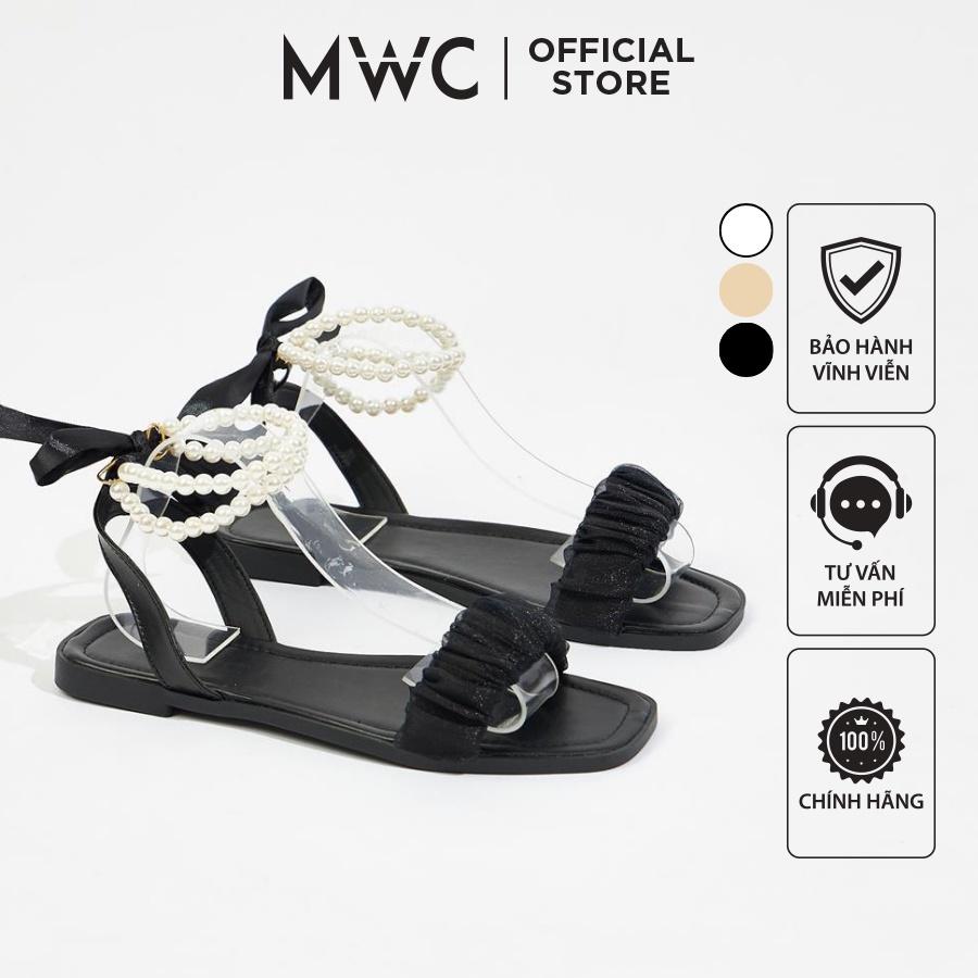 Giày sandal nữ MWC 2985 - Sandal Quai Ngang Nhún Cách Điệu Phối Quai Hậu Kết Ngọc Nữ Tính Thời Trang