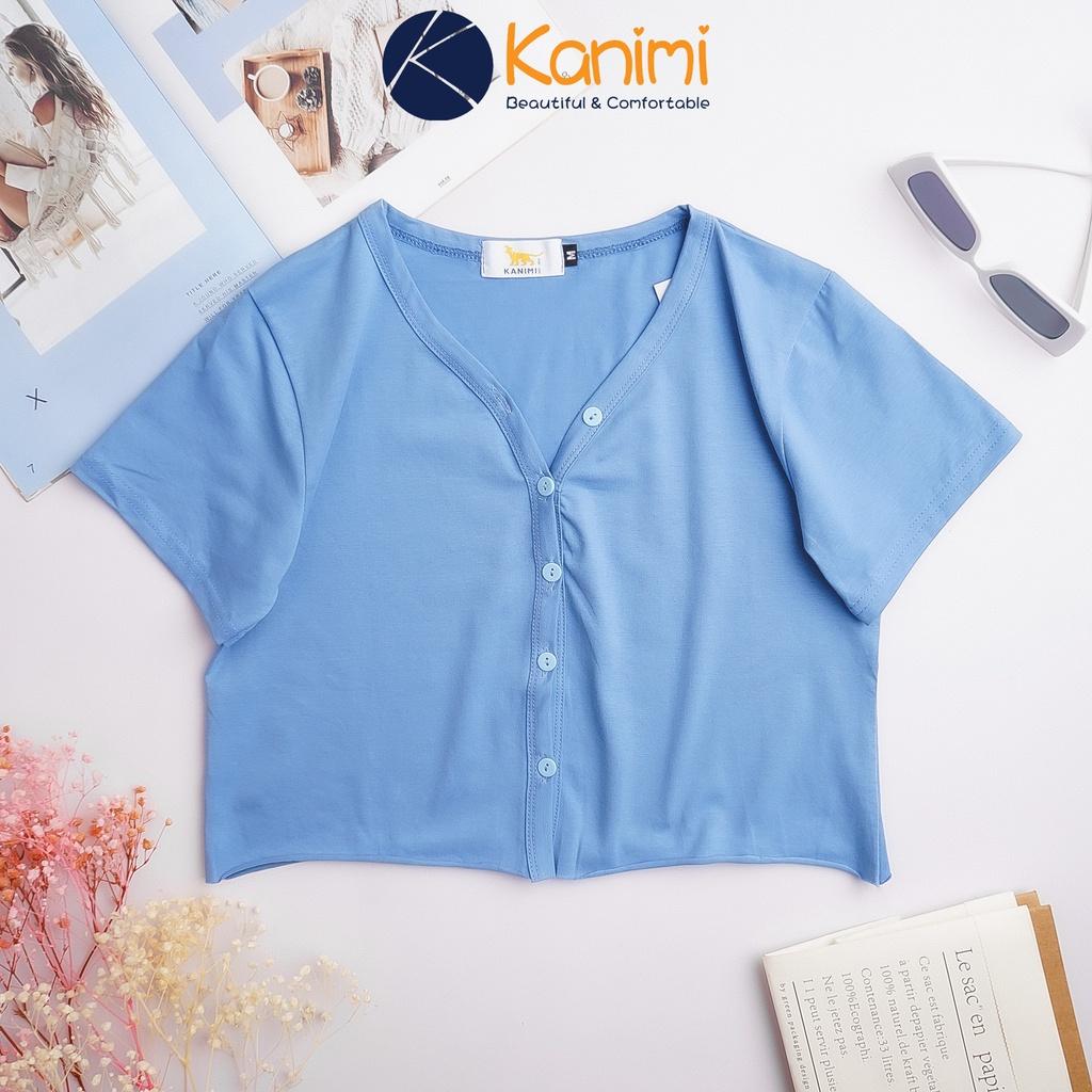 Áo croptop cổ tim cài cúc tay ngắn form rộng chất 4 chiều 100% cotton cực đẹp Kanimi - AN07