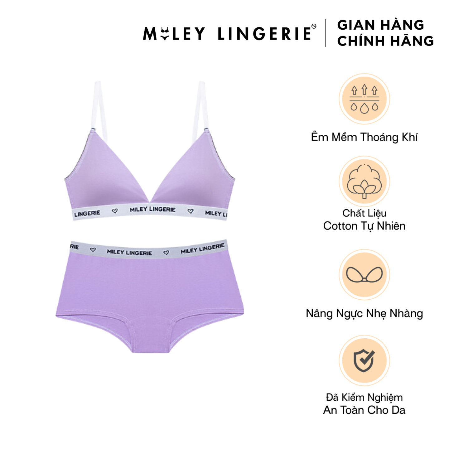 Bộ Đồ Lót Mút Mỏng Đệm Ngực Và Quần Boy Short Chất Vải Cotton Thiên Nhiên Đồng Bộ BeingMe Lilac Purple Miley Lingerie