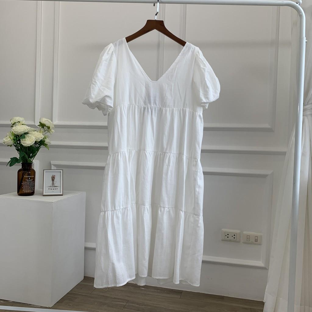 Váy suông dáng babydoll cổ V, 3 tầng, đầm xuông rộng freesize, chất đũi xước, tay bo phồng mã V181 - Michi's House