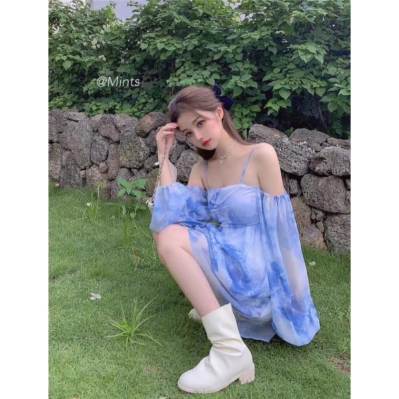Đầm trễ vai hai dây tie dye mẫu summer 2021