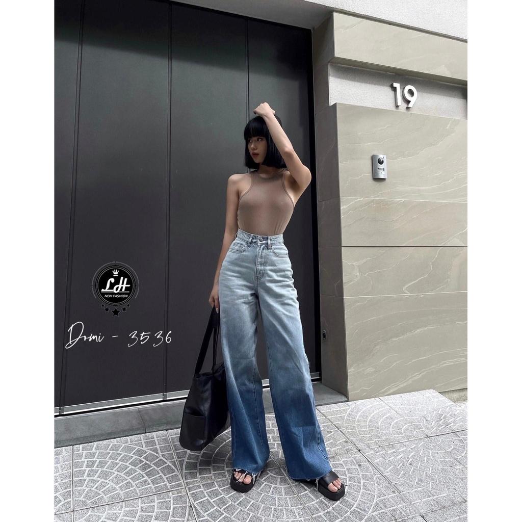 Quần jean nữ ống rộng, quần bò màu xanh loang rách lai tua rua siêu cá tính Lê Huy Fashion MS 3536