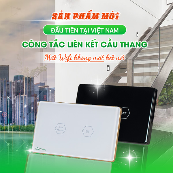 Công Tắc Cầu Thang Wifi Datic Hunocnic màu trắng cảm ứng điều khiển từ xa, giong nói qua điện thoại