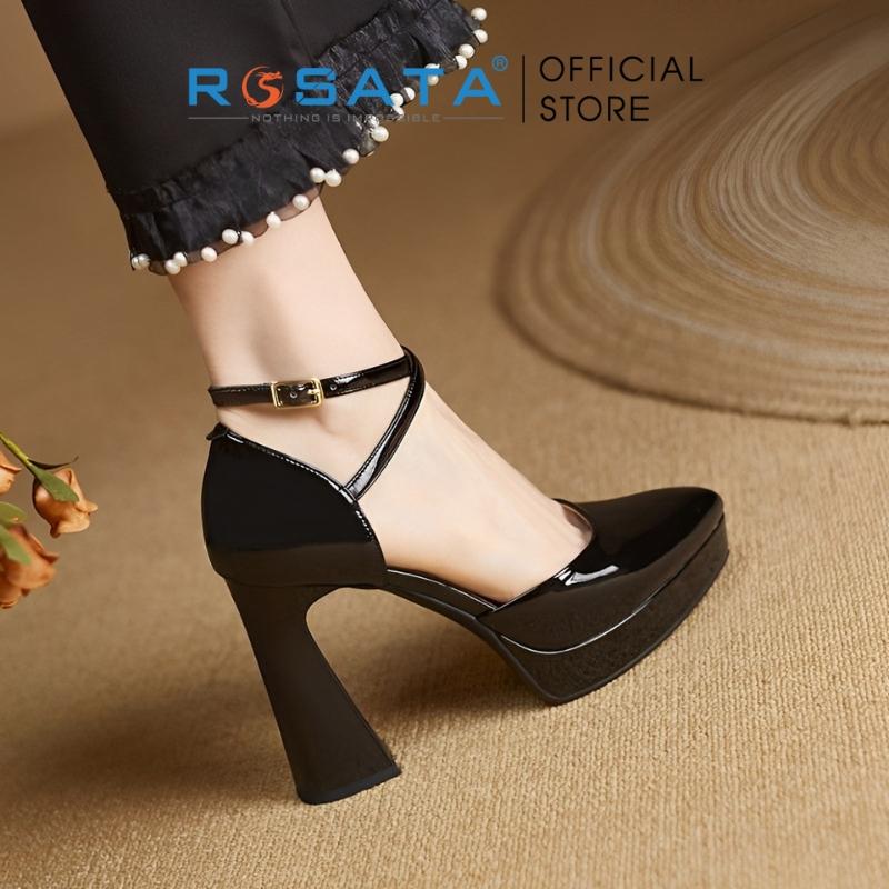 Giày cao gót nữ ROSATA RO493 da trơn mũi nhọn quai hậu khóa cài dây mảnh gót cao 8cm xuất xứ Việt Nam - Đen