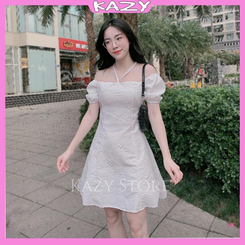 Váy trắng tiểu thư tay bồng, Váy trắng dự tiệc hoa văn xốp KAZY STORE V15