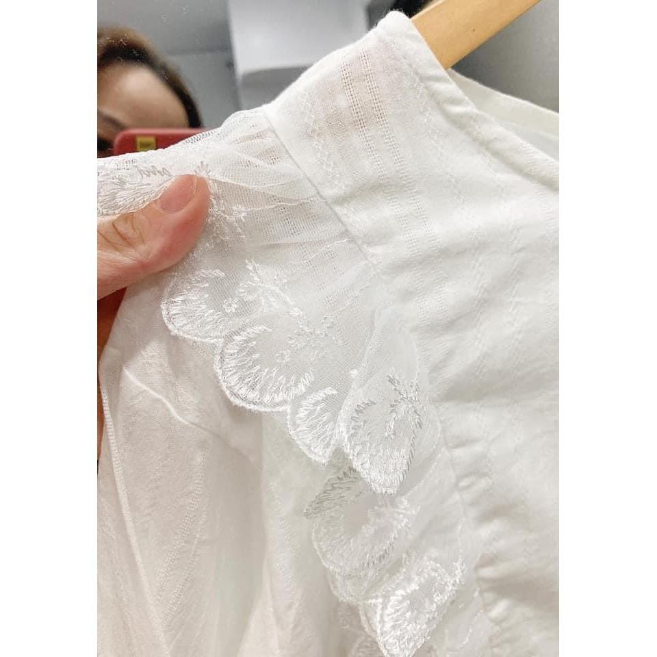 Áo babydoll viền bèo tay bồng sơ mi trắng tiểu thư