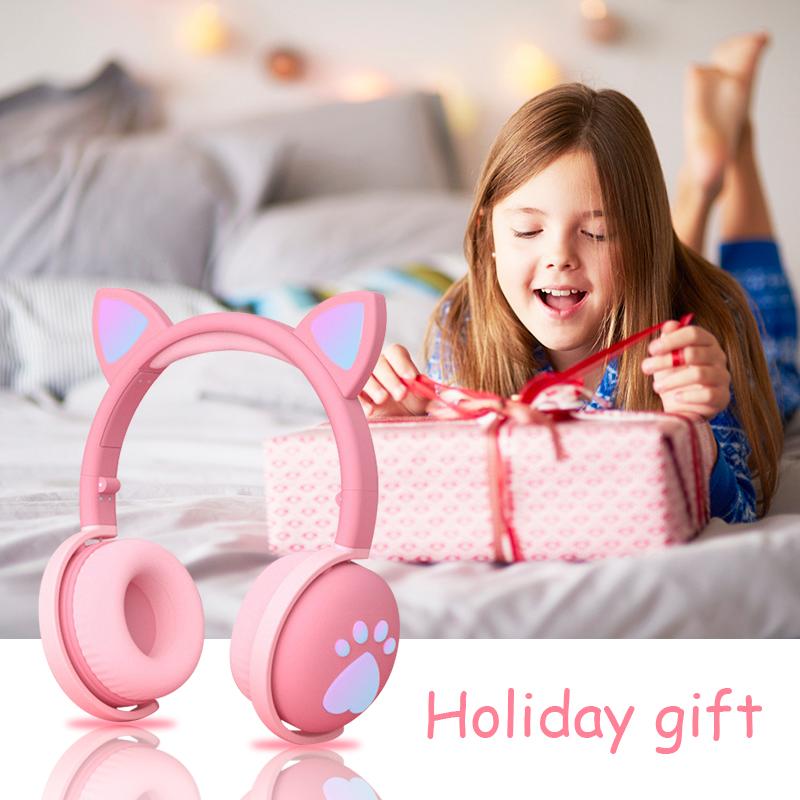 Trẻ Em Bluetooth Tai Nghe Kawaii Tai Nghe Tai Mèo LED Sáng Đèn Không Dây Có Thể Gấp Gọn Tai Nghe Jack Cắm 3.5MM Bluetooth 5.0 Cho Sinh Nhật quà Tặng