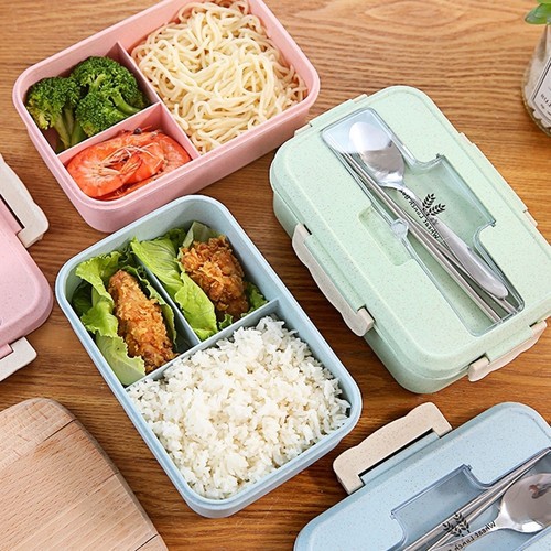 Hộp Đựng Cơm Lúa Mạch 3 Ngăn - TẶNG Kèm Thìa Đũa Inox