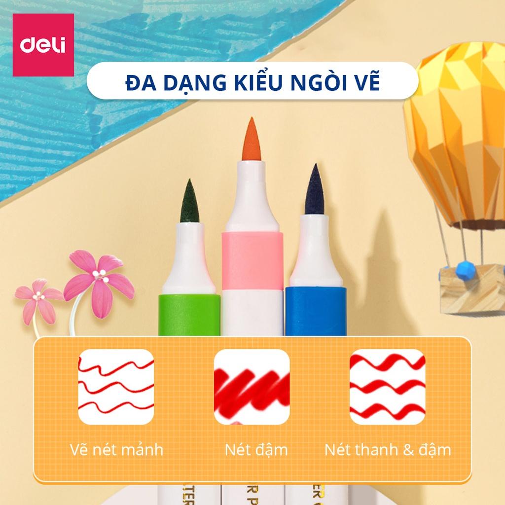 Bút Brush Bút Dạ Màu Marker Chuyên Viết Calligraphy Đầu Lông Mềm Dành Cho Học Sinh Deli - Họa Cụ Tô Màu Dạ An Toàn Cho Trẻ Em Kèm Túi Vải Họa Cụ Vẽ Tranh Cao Cấp Tô Màu Vẽ Tranh Manga Anime - HM651