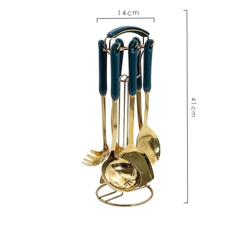 SET NẤU, CHIÊN ,XÀO, VỚT, NHÚNG BẰNG INOX MẠ VÀNG CÁN SỨ XANH CỔ VỊT - ANTH346