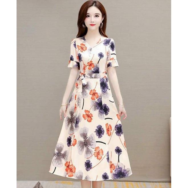 HÀNG NHẬP - ĐẦM LỤA HOA CỔ TIM PHỐI NÚT