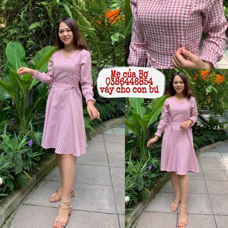 Váy cho con bú ti (HÀNG CÓ SẴN), váy kẻ cổ V có khóa cho mẹ sau sinh
