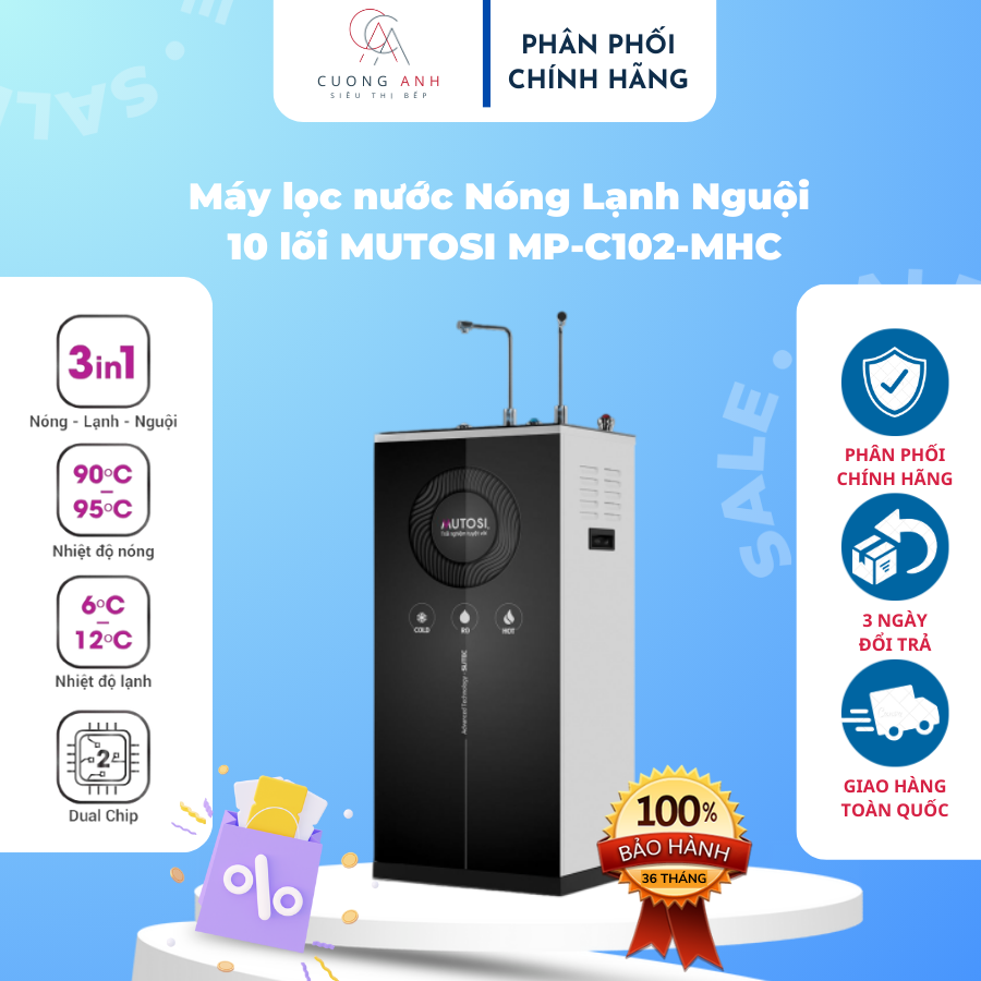 [SALE 50%] Máy lọc nước MUTOSI Nóng Lạnh Nguội 10 lõi MP-C102-MHC, Bảo hành chính hãng 3 năm phần điện-1 đổi 1 màng RO trong 12 tháng. Hàng chính hãng.