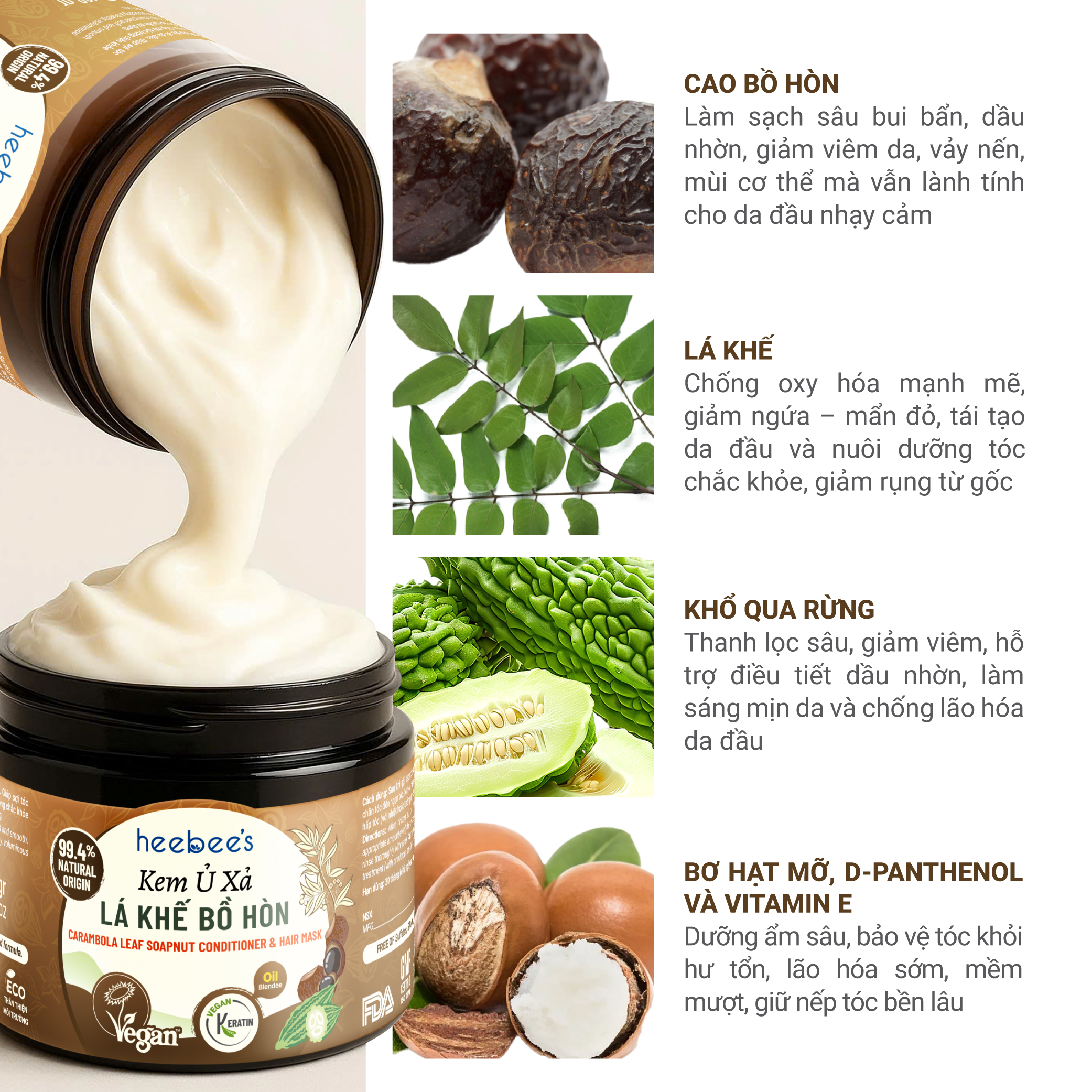 Kem Ủ Xả Lá Khế Bồ Hòn Heebee's Suôn Mượt, Chắc Khỏe, Bồng Bềnh 168 Gram