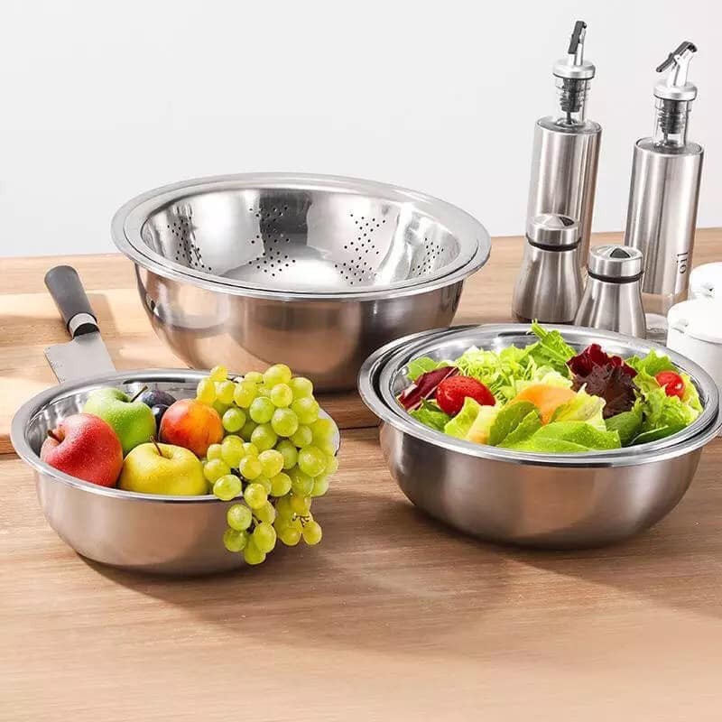 Combo chảo chống dính sâu lòng 18cm và set 4 tô + 1 rổ inox