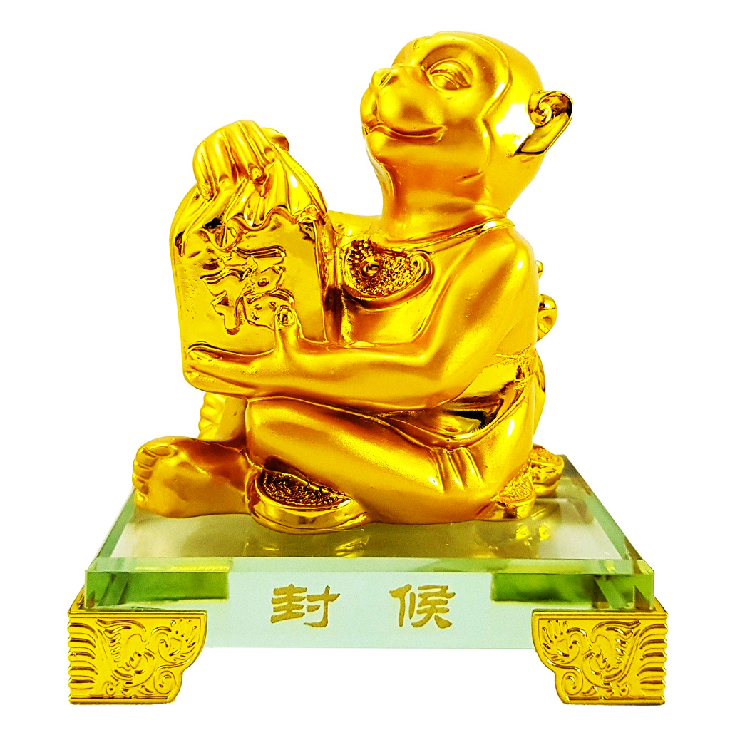 Tượng chú khỉ vàng đế kính thủy tinh cao cấp - Tượng HẦU TÔN ÔM VÀNG