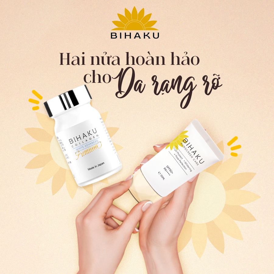 Bộ đôi chống nắng dưỡng trắng da PREMIUM COLLAGEN hộp 30v và BIHAKU SUNSCREEN CARE SPF50+ PA++++ tuýp 35ml giúp hạn chế vấn đề cháy nắng và dưỡng trắng chống lão hóa