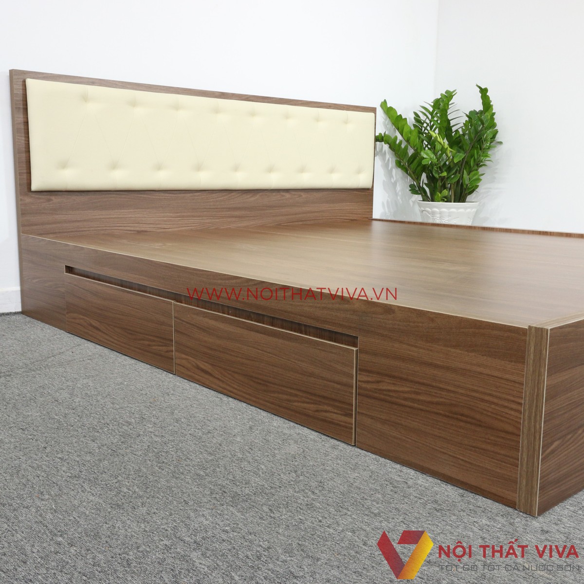 Giường Ngủ Gỗ Mdf Phủ Melamine Bọc Nệm Có Ngăn Kéo Màu Óc Chó + Trắng