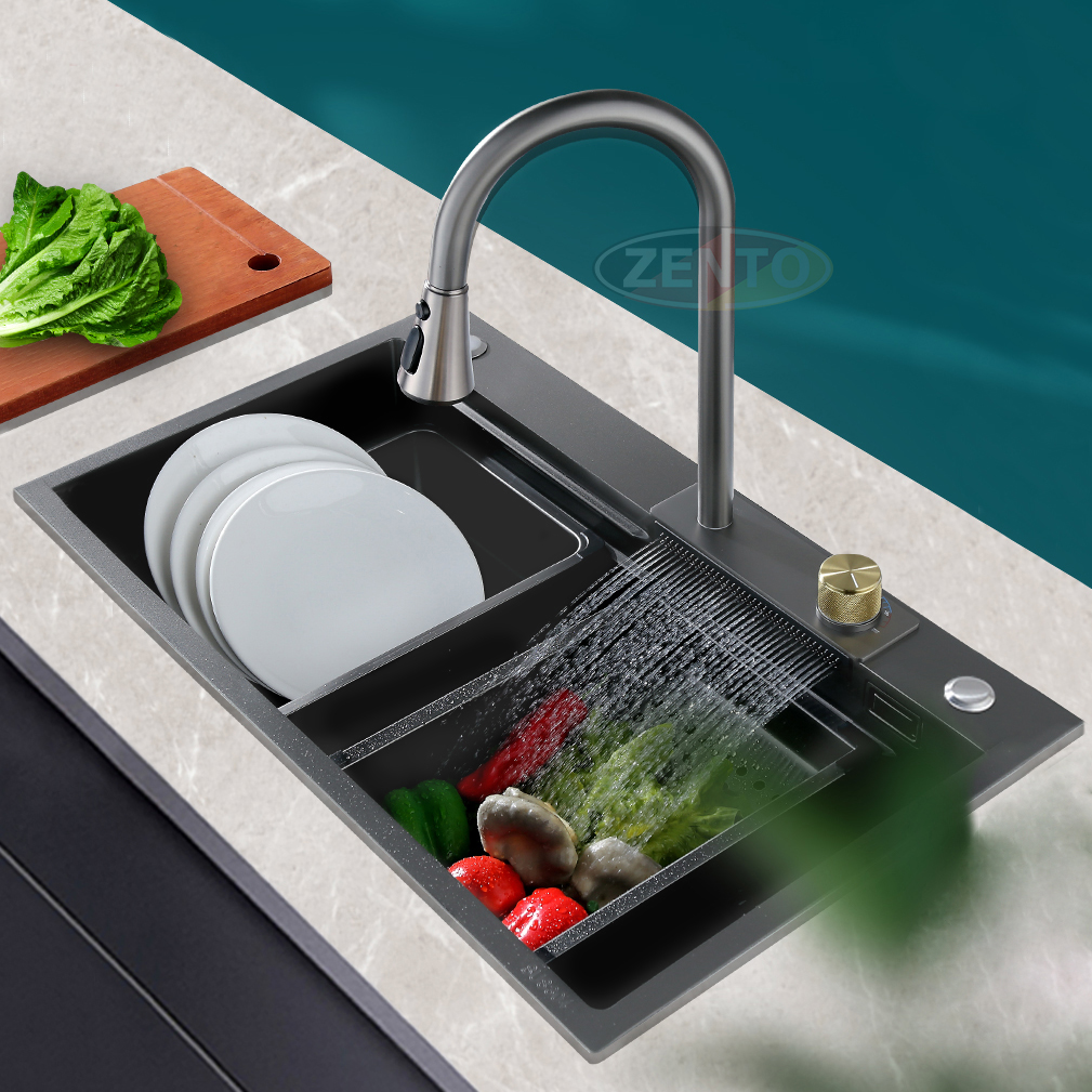 Chậu rửa bát thác nước 1 hố kèm vòi đa chế độ dòng chảy nước kèm bộ phụ kiện inox 304 cao cấp